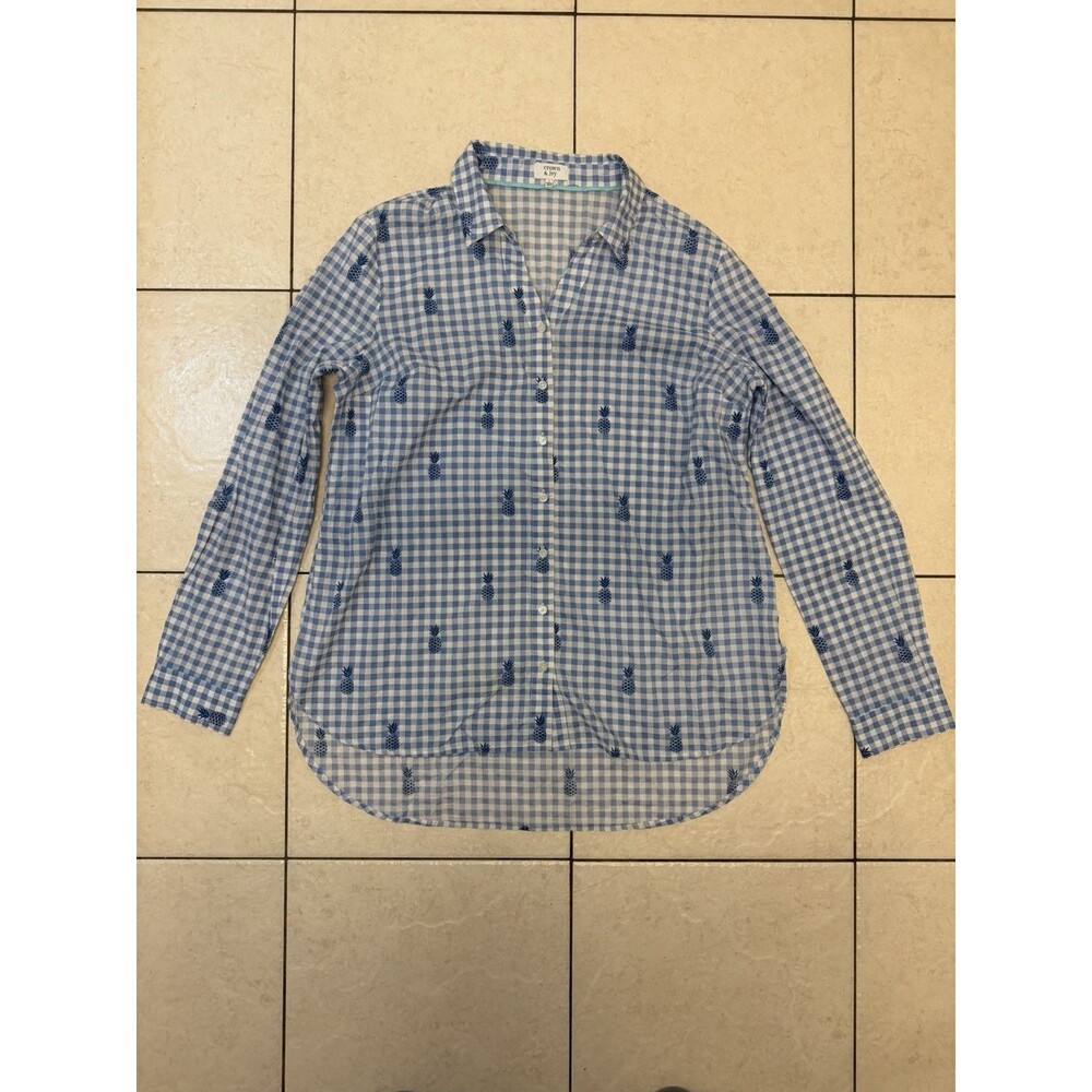 Crown & Ivy Womens LARGE Blue White Check Pineapple Cotton Long Sleeve Shirt